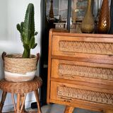 Old vintage wooden and rattan chest of drawers