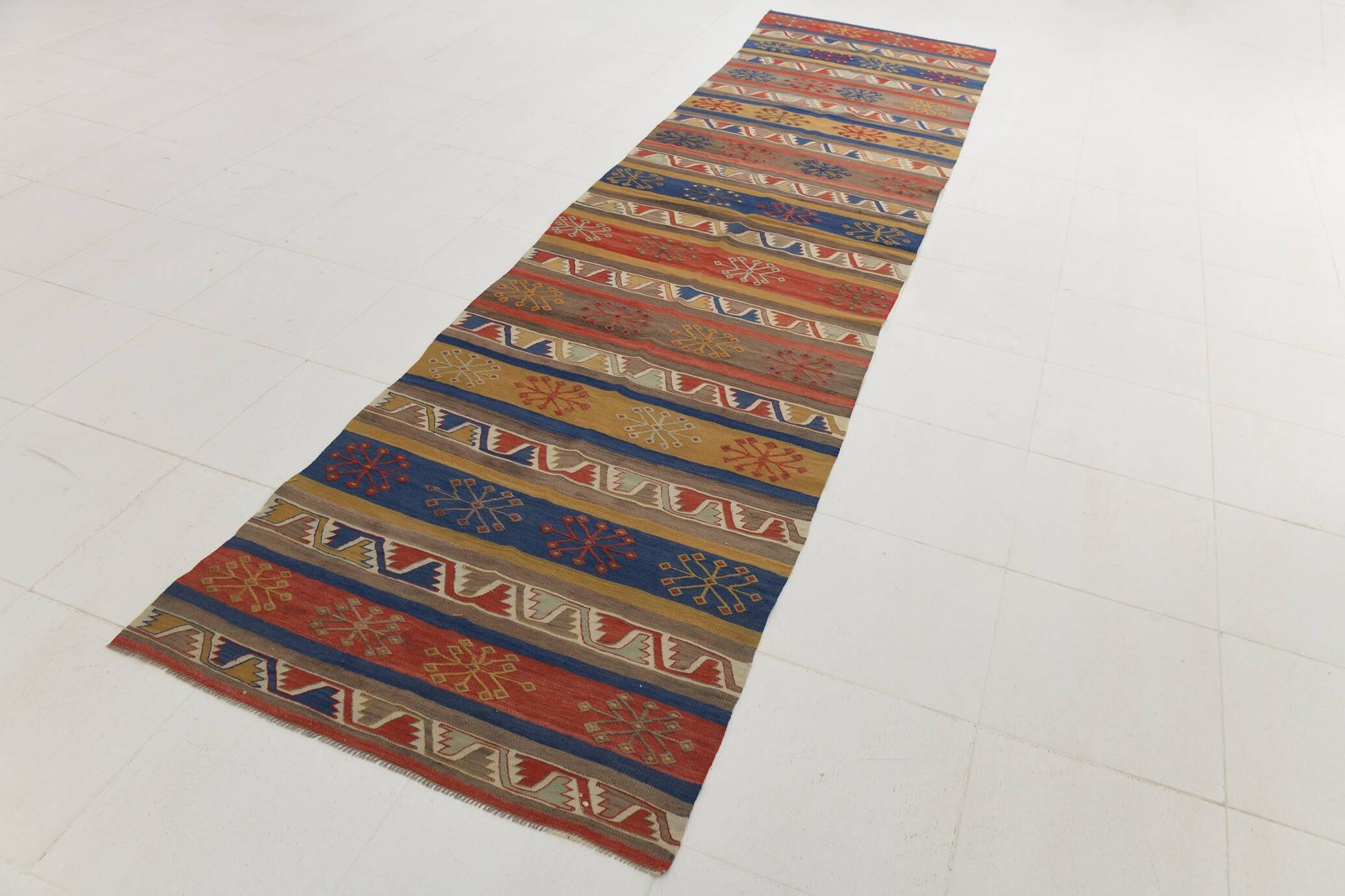 3x14 Navy Blue & Red Kilim Rug, 100x410 Rare Size Kilim Rug,Wool Runner Rug