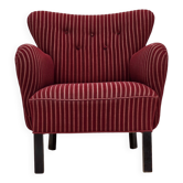 1960s, Danish armchair, red striped furniture wool, oak wood legs.