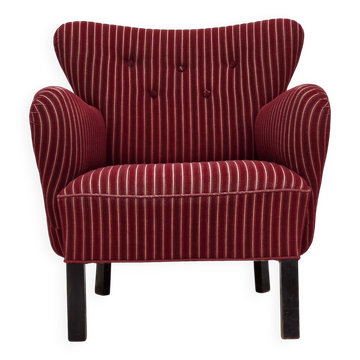 1960s, Danish armchair, red striped furniture wool, oak wood legs.