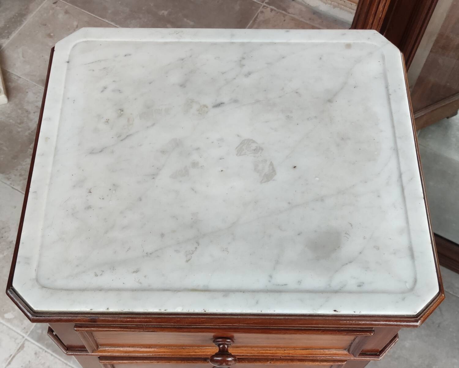 Old Chiffonier Bedside Table White Marble Top