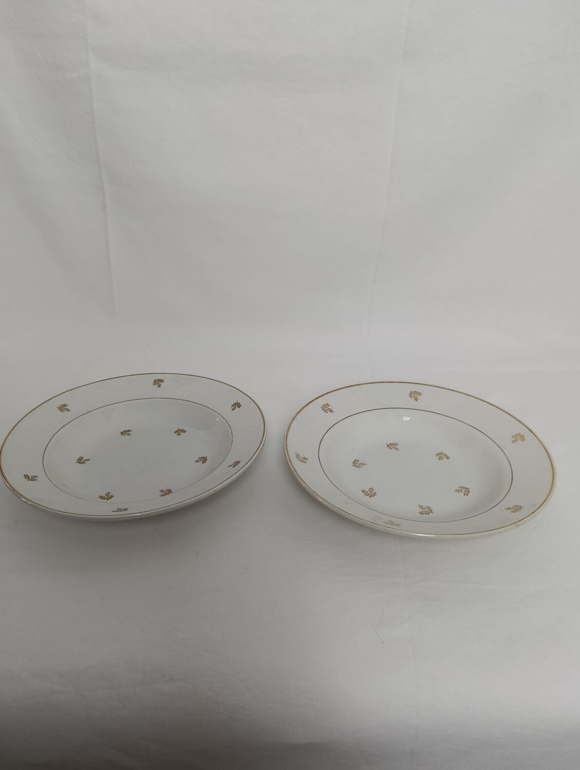 Set of 2 white deep plates with a gold pattern.