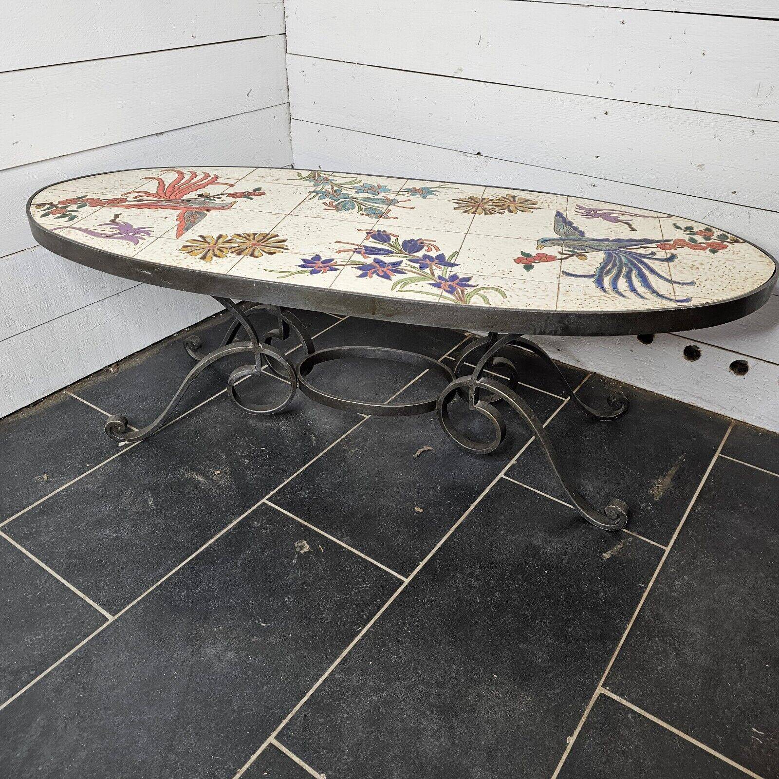 oval coffee table from the 60s, ceramic tray with decoration of flowers and birds