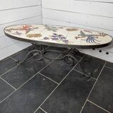 oval coffee table from the 60s, ceramic tray with decoration of flowers and birds