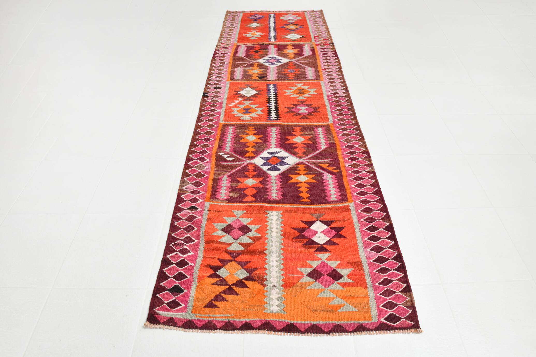 3x11 Pink Brown Vintage Kilim Runner Rug, 104x328Cm