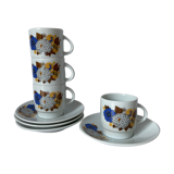 Set of 4 coffee cups, floral pattern saucers, 70s