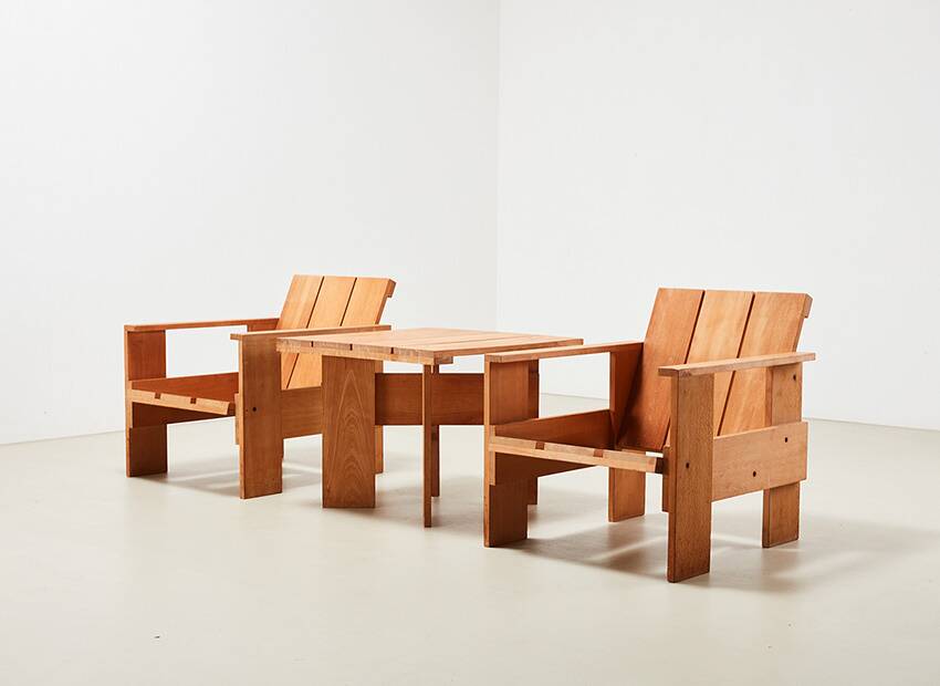 Gerrit Rietveld Pair of Crate Chairs + Table for Cassina 1934/ 1979