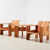 Gerrit Rietveld Pair of Crate Chairs + Table for Cassina 1934/ 1979