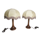 Pair of 1930s Art Deco bedside lamps with fringes, solid wood legs 52cm