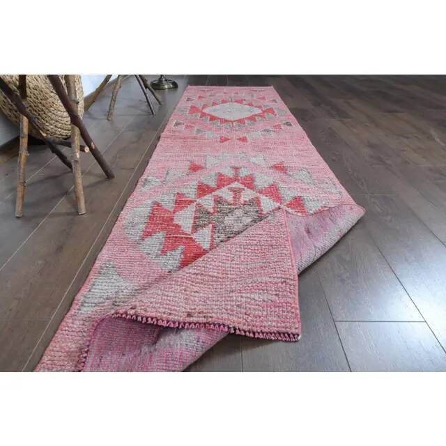1970s Vintage Turkish Oushak Handmade Wool Cotton Pink Runner Rug 74x275