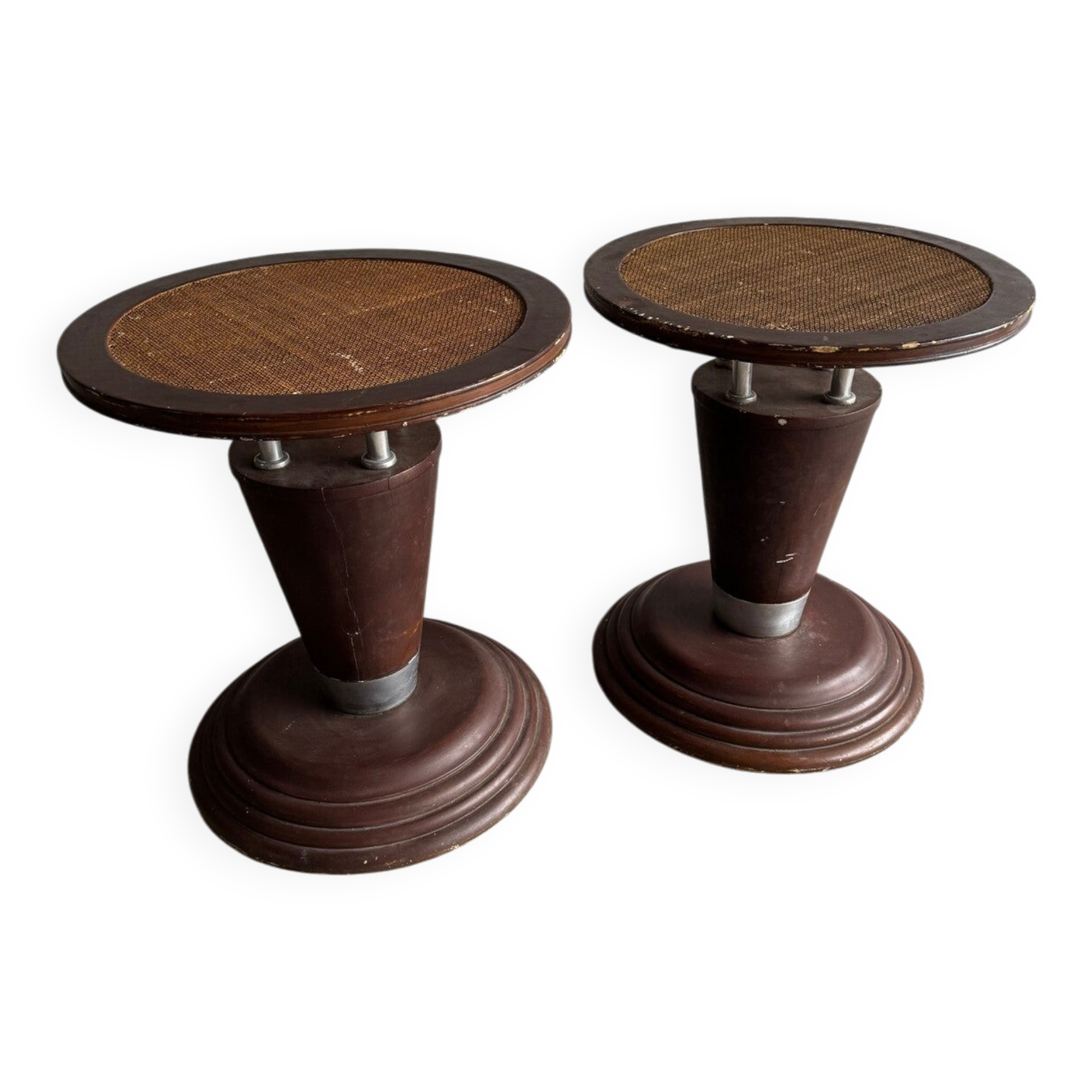 Art Nouveau Wood Side Table, Natural Wood and Woven Cane Inset with Metal Details — France, c.1900
