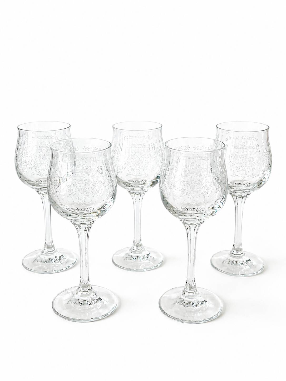 Lot 5 Footed glasses in transparent crystal with screen printing
