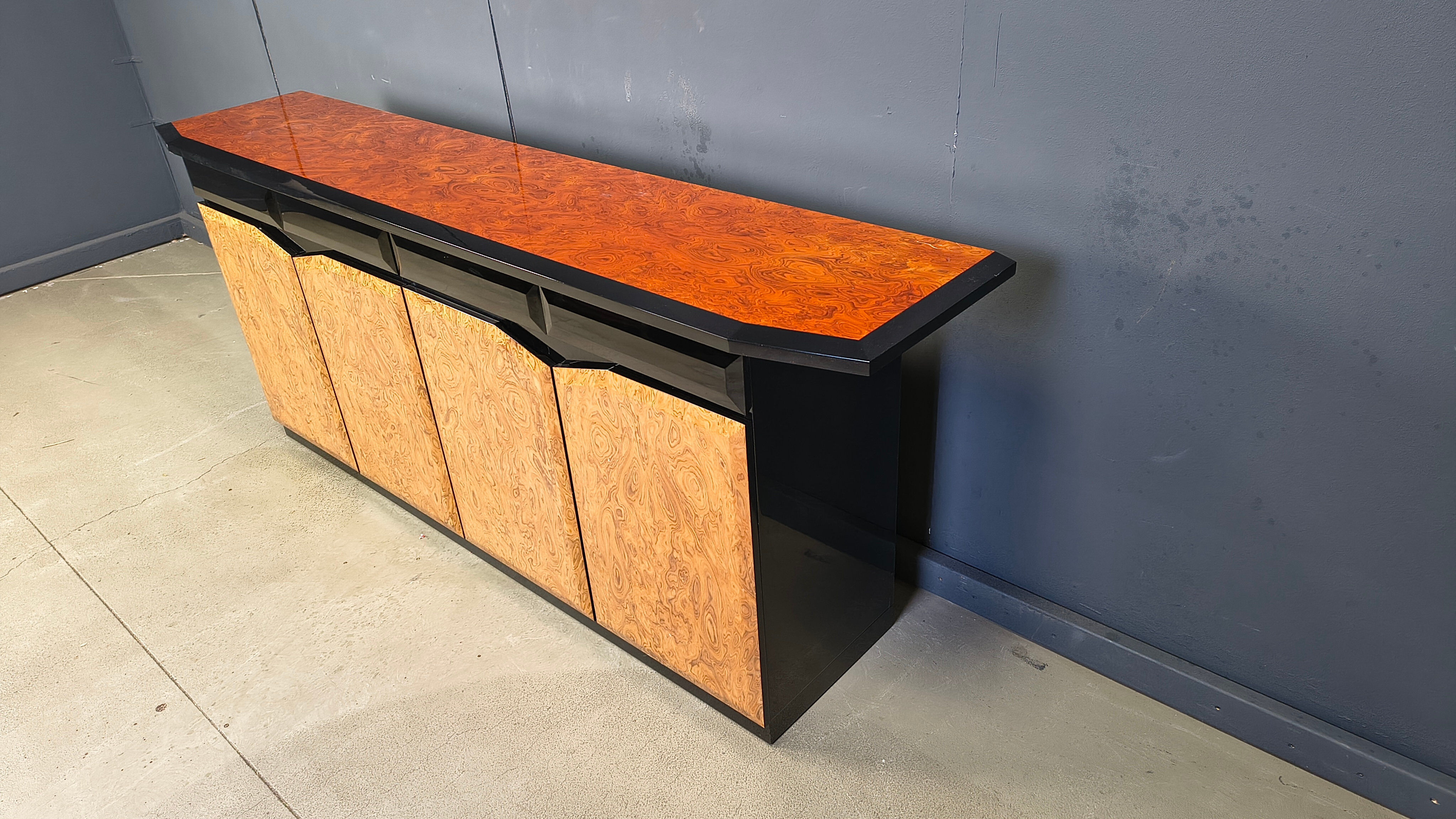 Vintage lacquer and burl wood credenza, 1980s