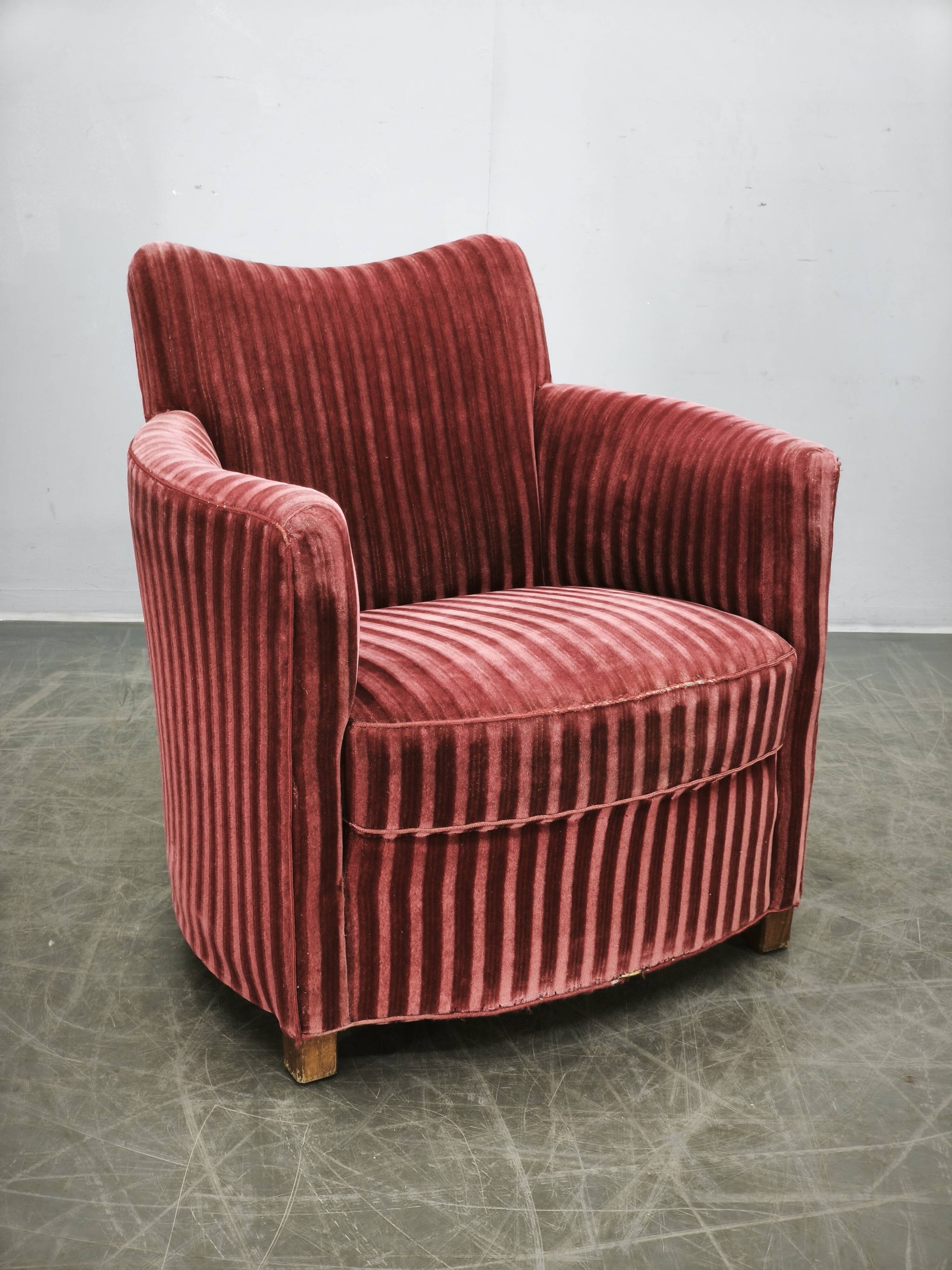 1950s Danish Modern Sculptural Velvet Lounge Armchair