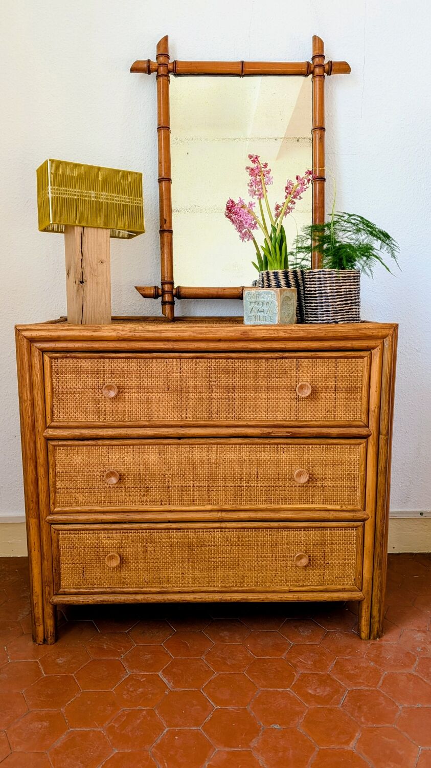 Vintage rattan chest of drawers