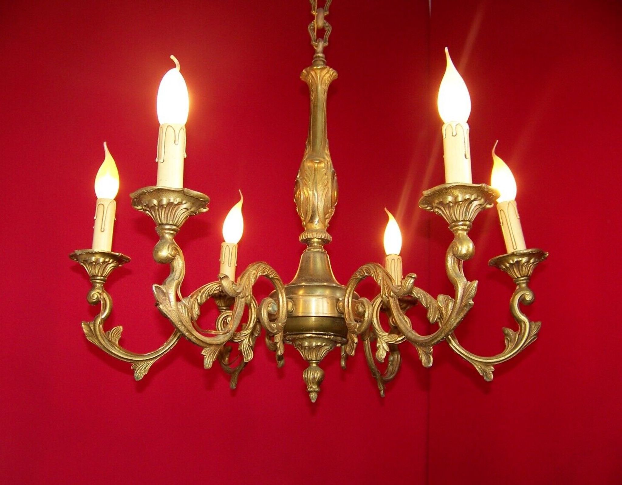 French art nouveau style quality bronze 6 light chandelier