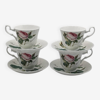 4 Redouté Roses tea cups Roy Kirkham English porcelain