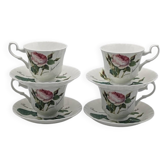 4 Redouté Roses tea cups Roy Kirkham English porcelain