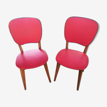 Paires de chaises vintage rouge skai et bois, années 60