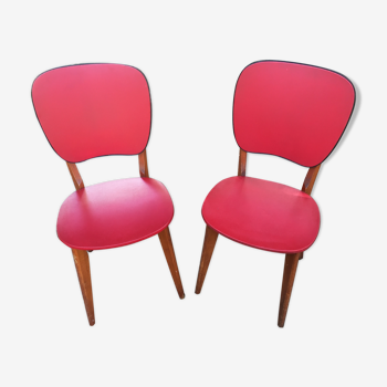Pair of vintage red skai and wood chairs, 60's