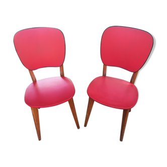 Pair of vintage red skai and wood chairs, 60's
