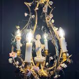 Napoleon III period cage chandelier in bronze and porcelain