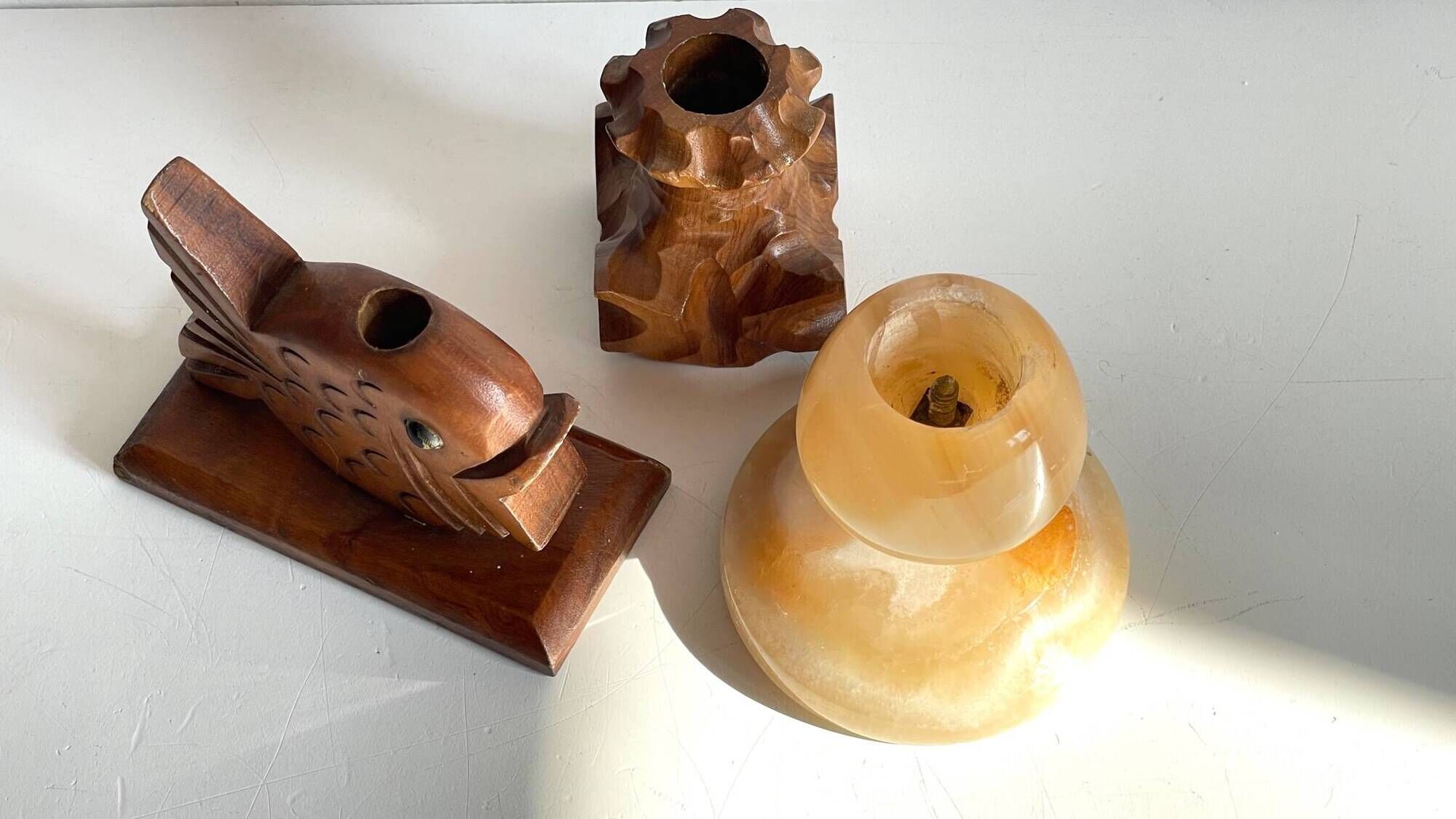 Trio of vintage wood and onyx candle holders