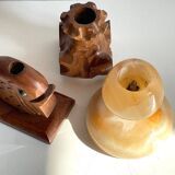 Trio of vintage wood and onyx candle holders