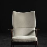 Fauteuil haut de salon vintage en teck et tissu bouclé blanc du milieu du siècle norvégien, années 1960