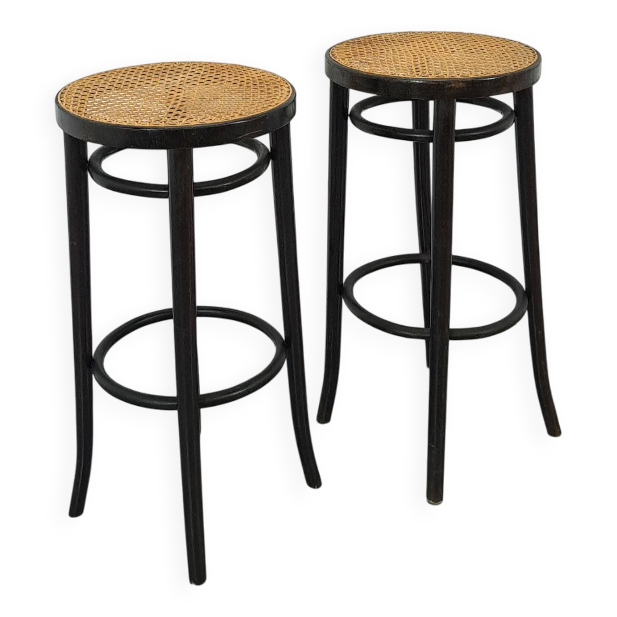 Set jaren 50 houten barkrukken met webbing uit Frankrijk vintage