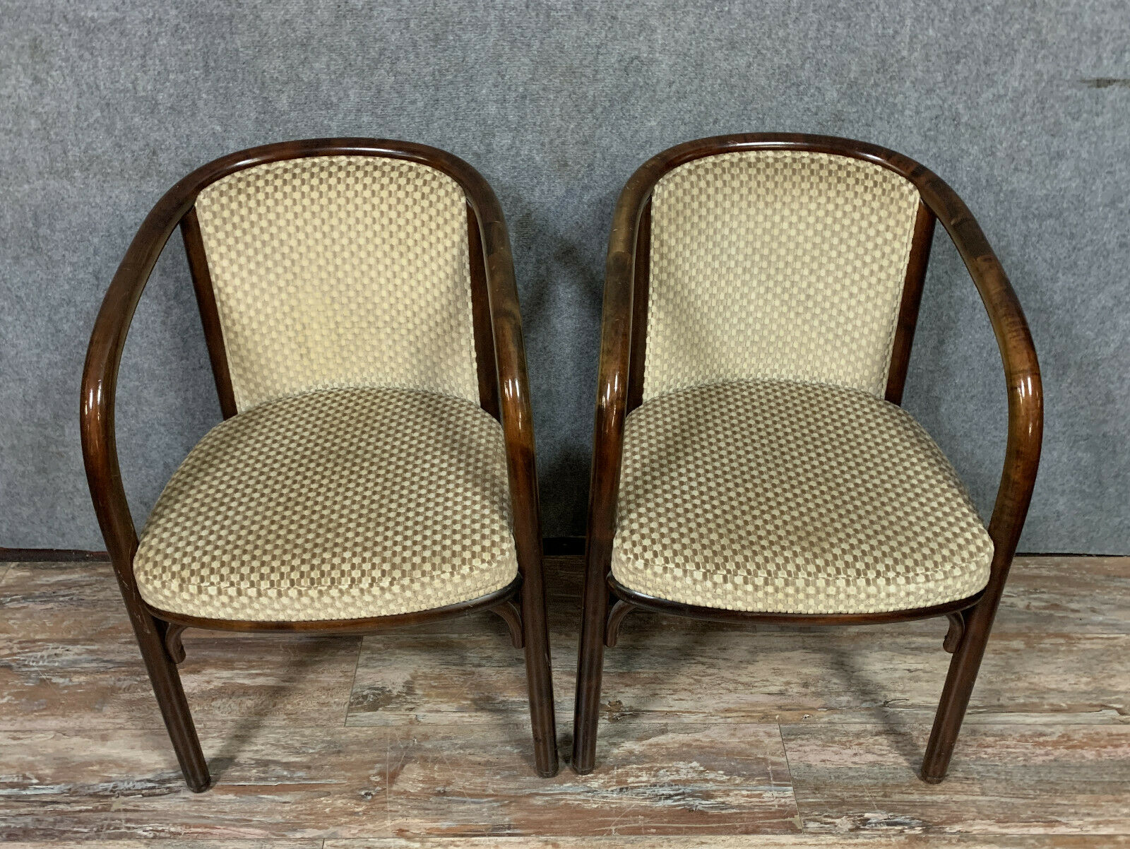 Baumann france pretty pair of curved wooden armchairs circa 1960-1970