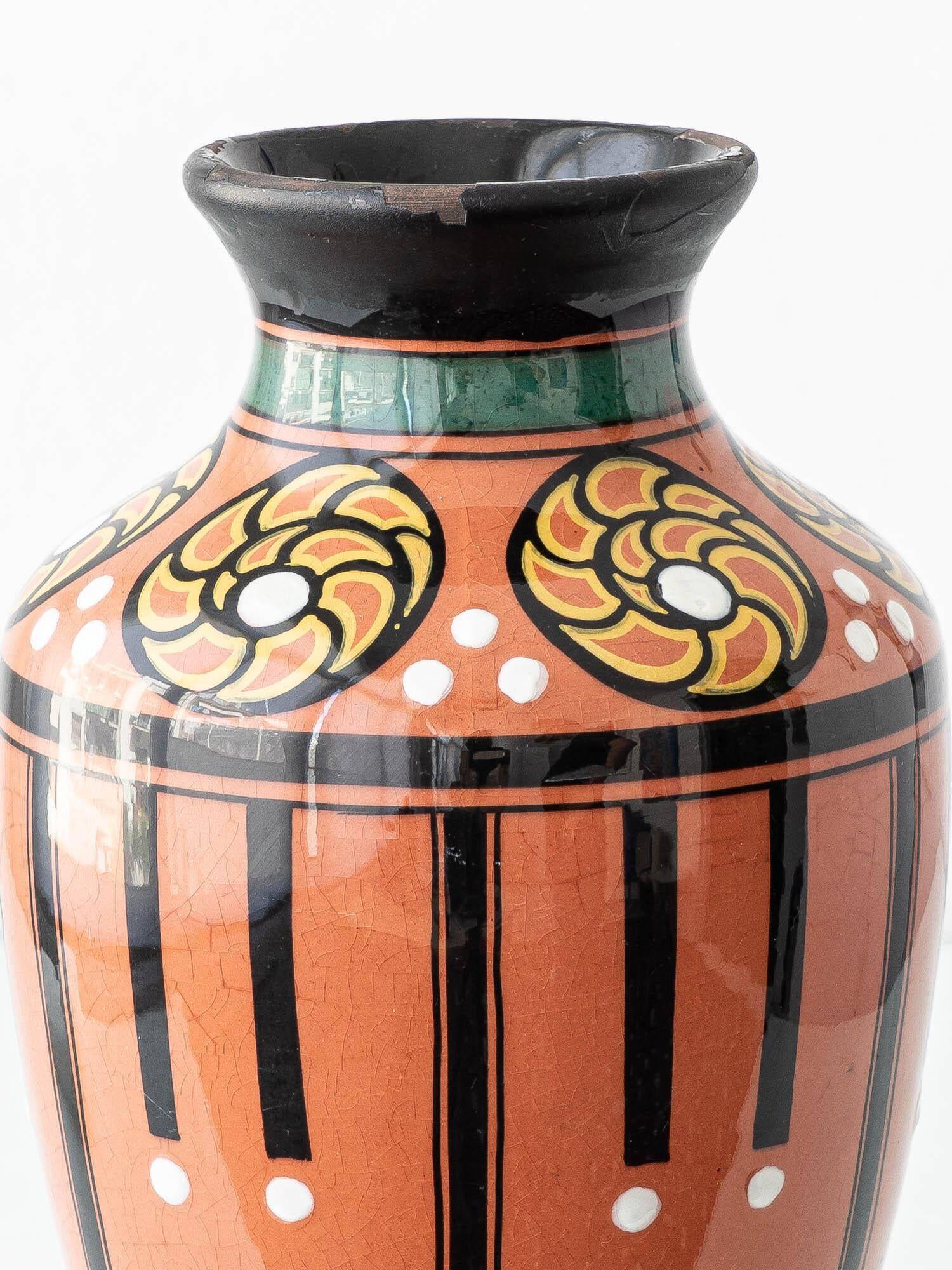 Pair of Dutch Art Deco vases, hand-painted Gouda-style ceramic with bold glazing.