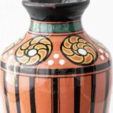 Pair of Dutch Art Deco vases, hand-painted Gouda-style ceramic with bold glazing.