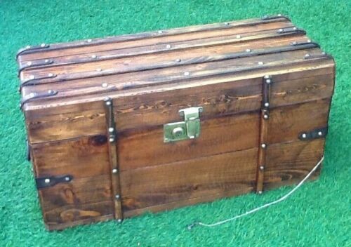 Antique travel chest Wood studded / wrapped in leather Brass lock with key (functional)