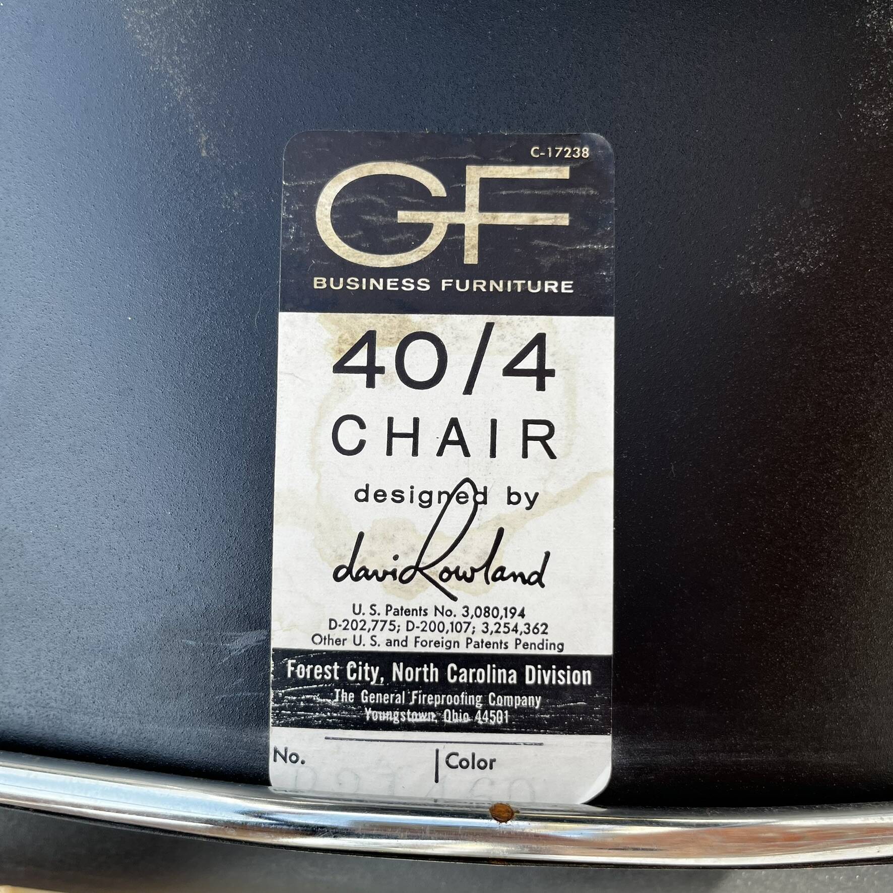 Set of 6 black metal chairs, model GF 40/4 by David Rowland.