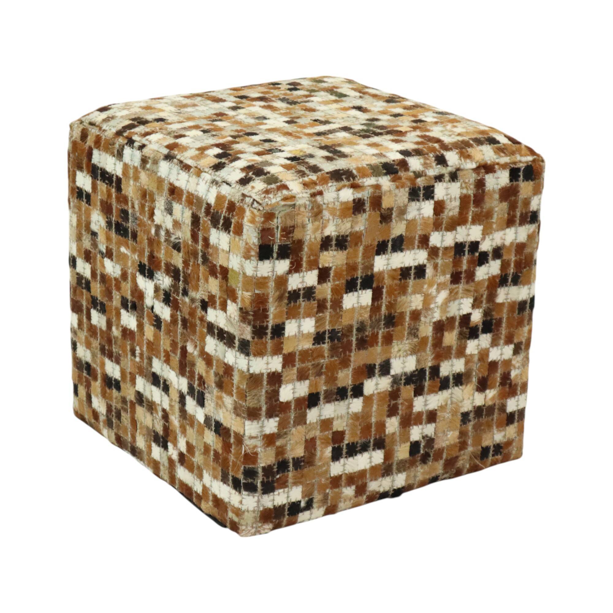 Vintage Square Pouf Goat Leather Patchwork Mosaic Pattern