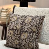 Coussin block print fleurs “jardin indien” - Brun/Jaune