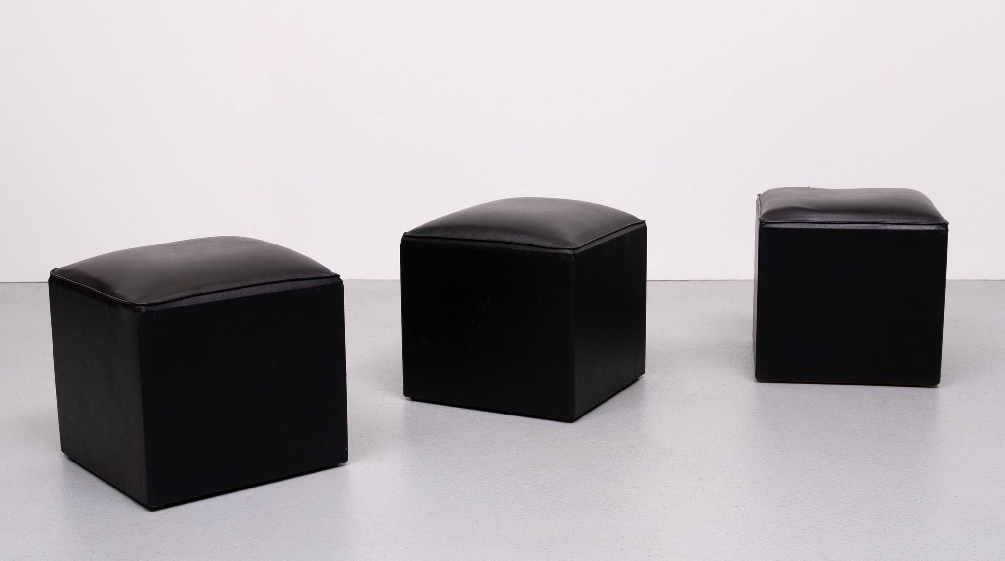 set of 3 Black Faux Leather cube Ottomans 1960s Holland