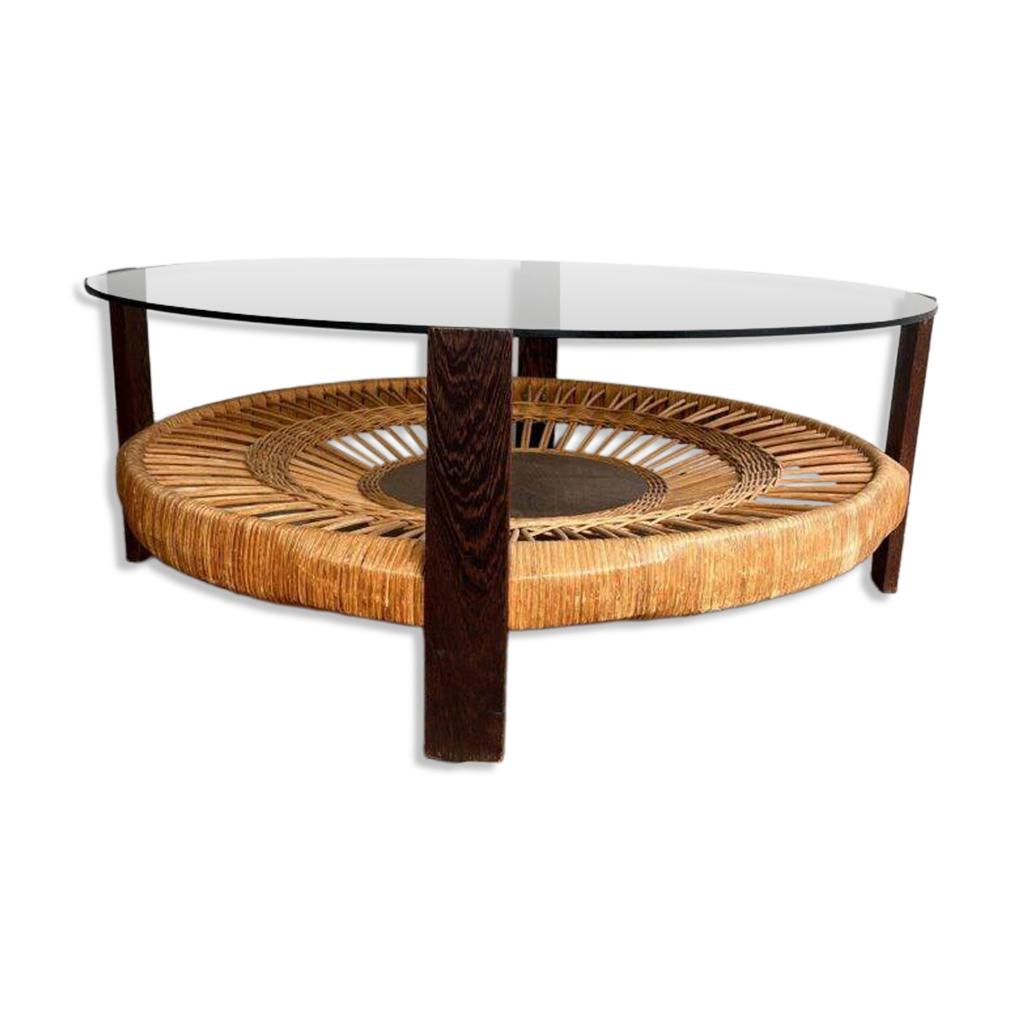 Table basse en verre fumé et rotin