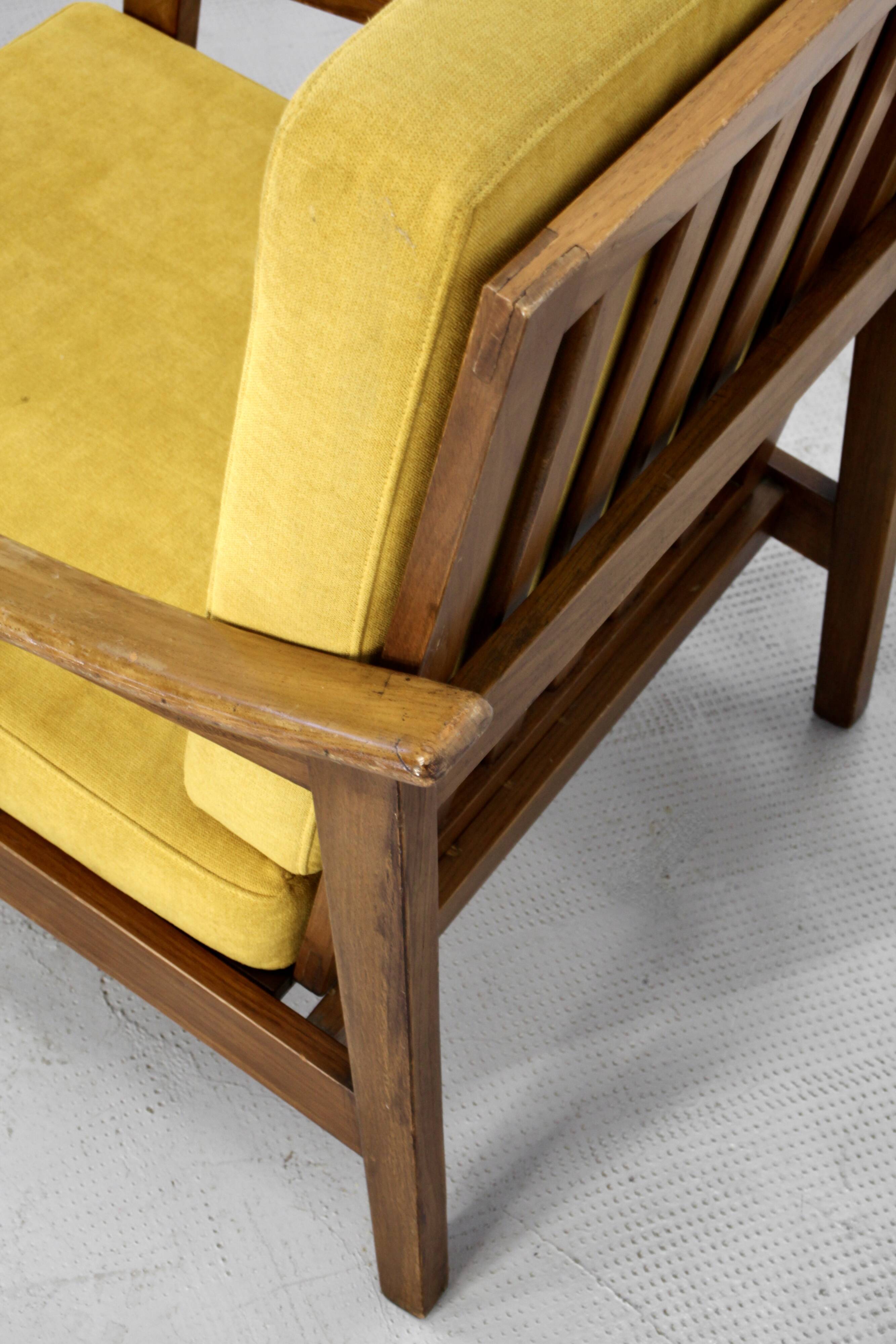 Midcentury Italian Armchair In Teak And Mustard Velvet.