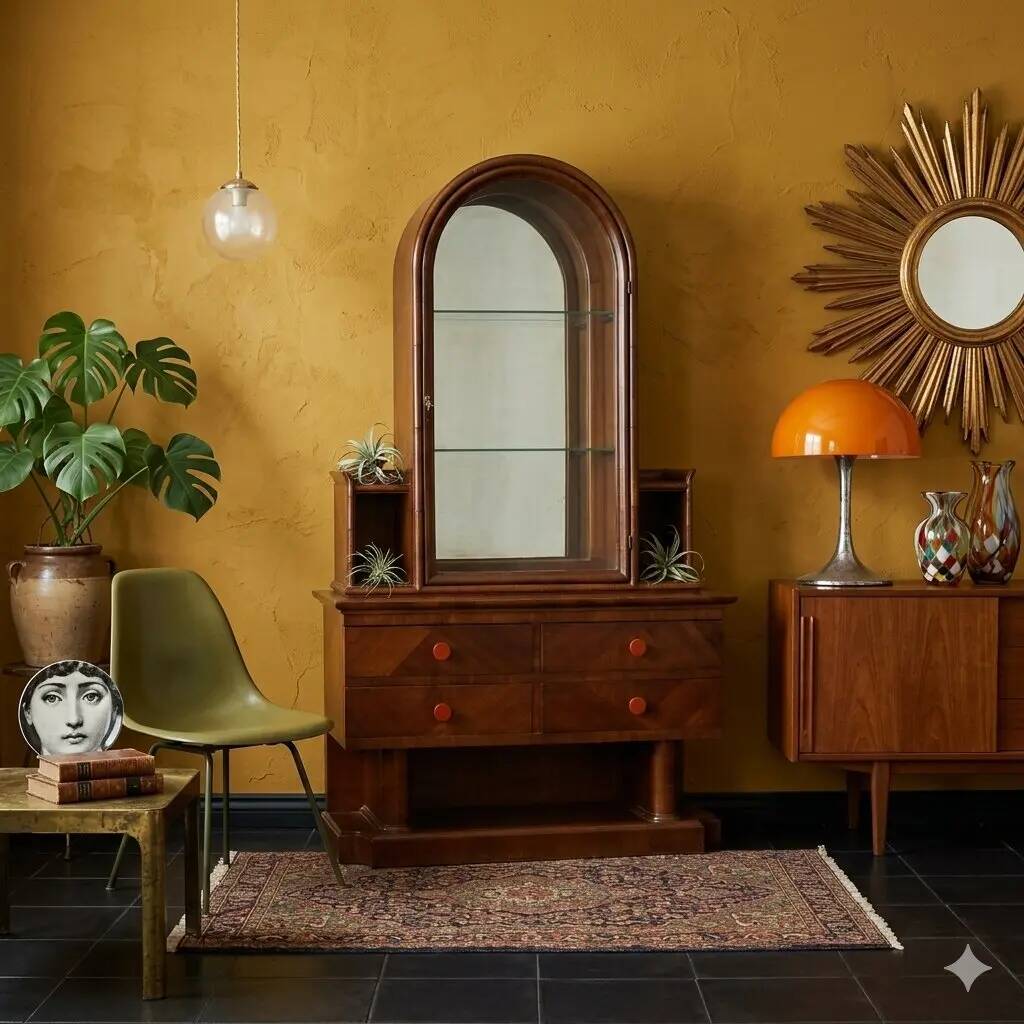 Antique Art Deco display cabinet in walnut with drawers, Italy, 19th century.