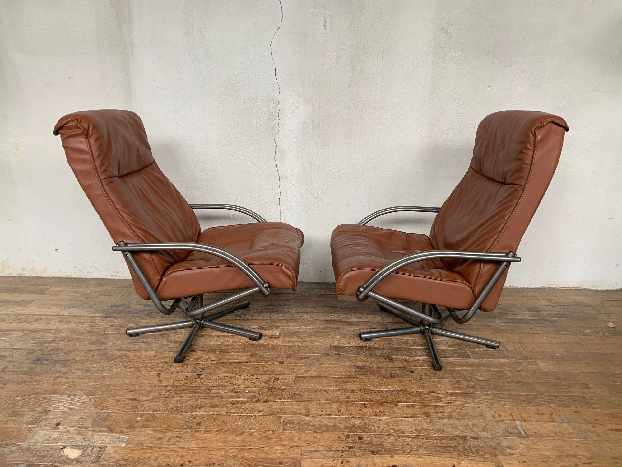 Pair of Scandinavian leather relax vintage armchairs brand Kebe