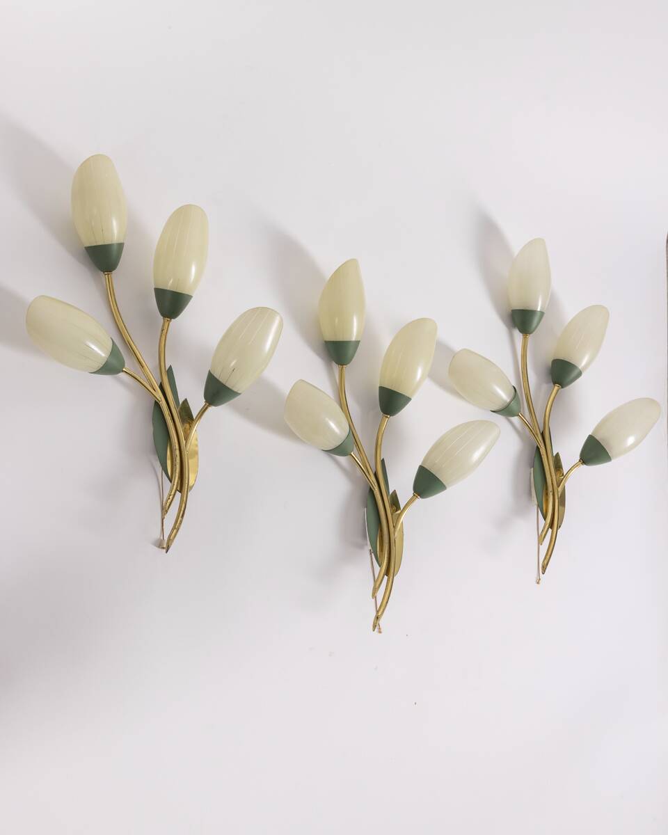 Set of 3 Vintage 1950s Wall Sconces in Floral Style, Italian Design