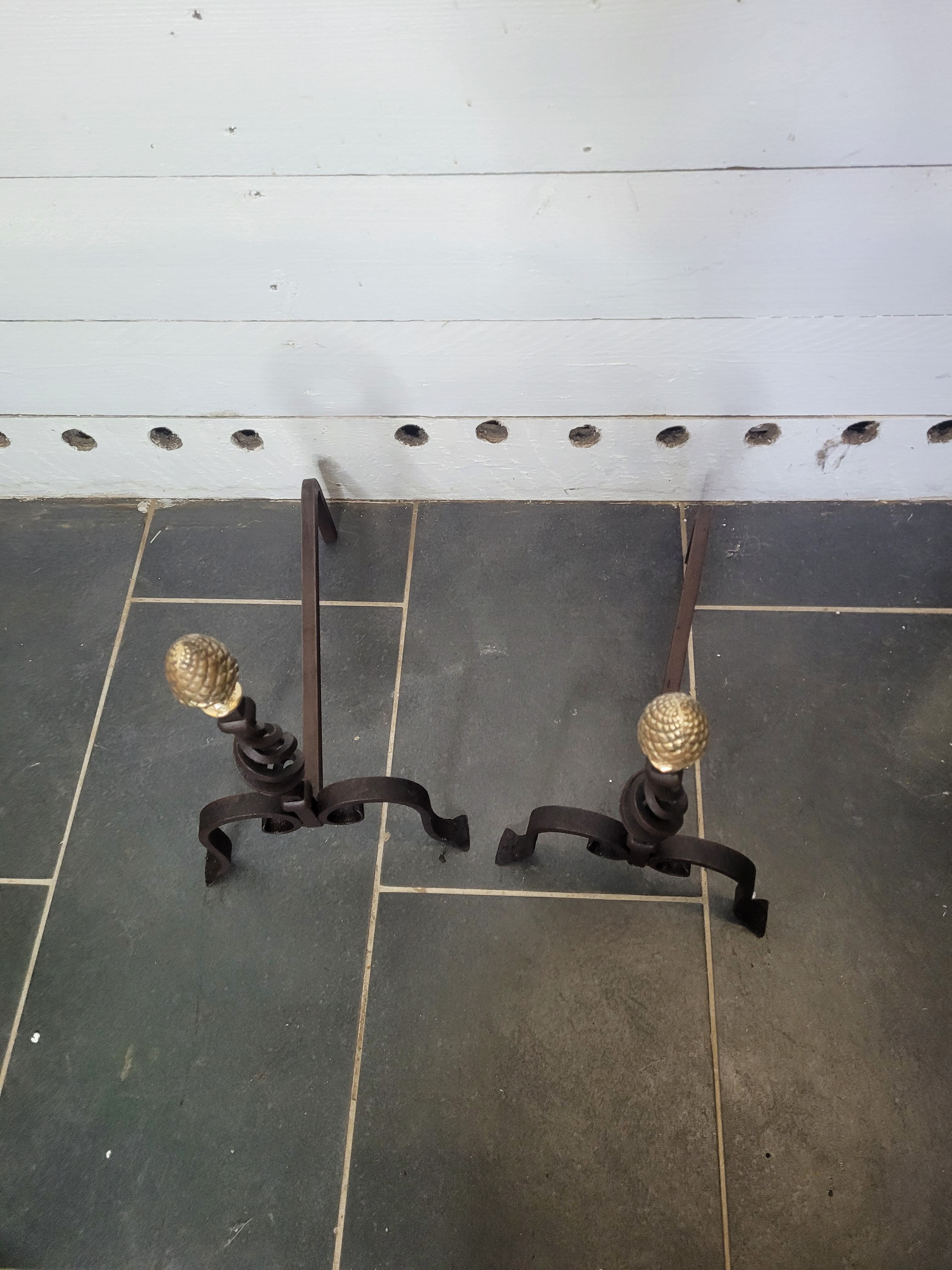 Old pair of wrought iron pegs with brass pine cone
