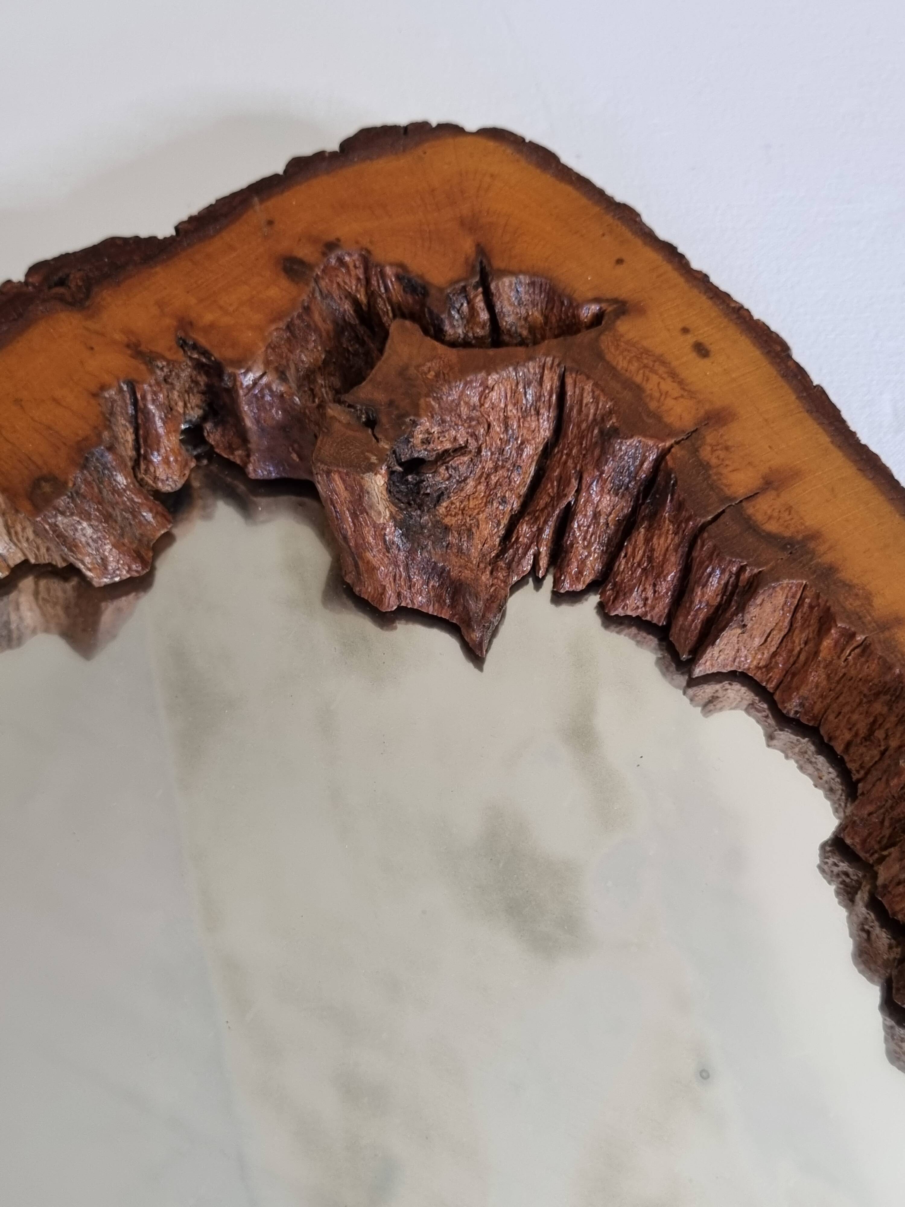 Vintage mirror with live edges in burl wood, signed, 1970s, 36 cm