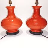 Pair of old ceramic vase lamp bases in orange gourd shape