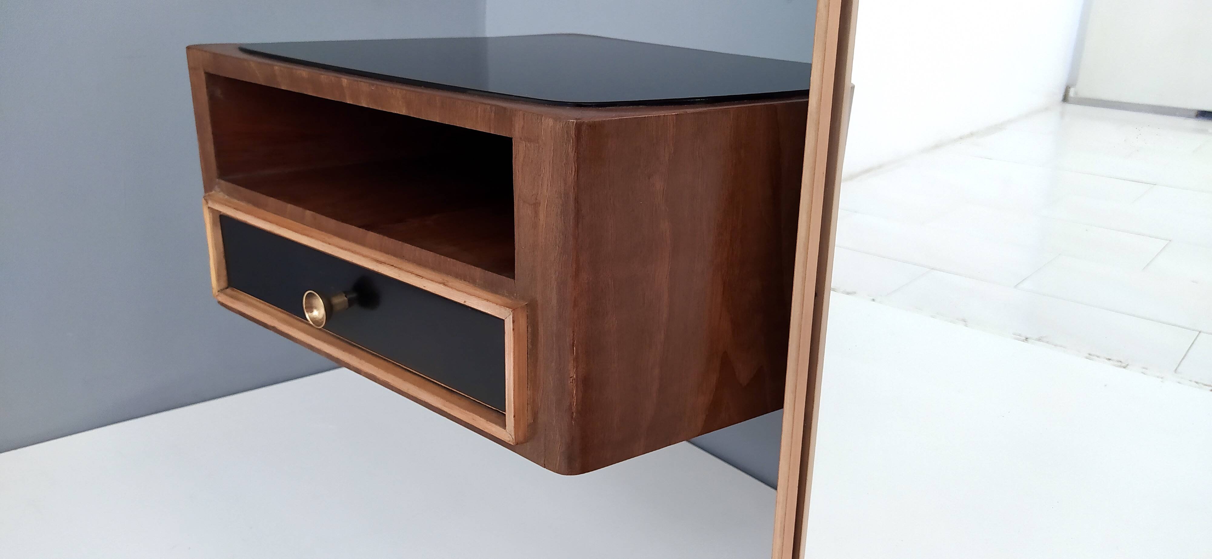 Wooden Entryway Mirror Organizer with Black Glass Tops, Italy