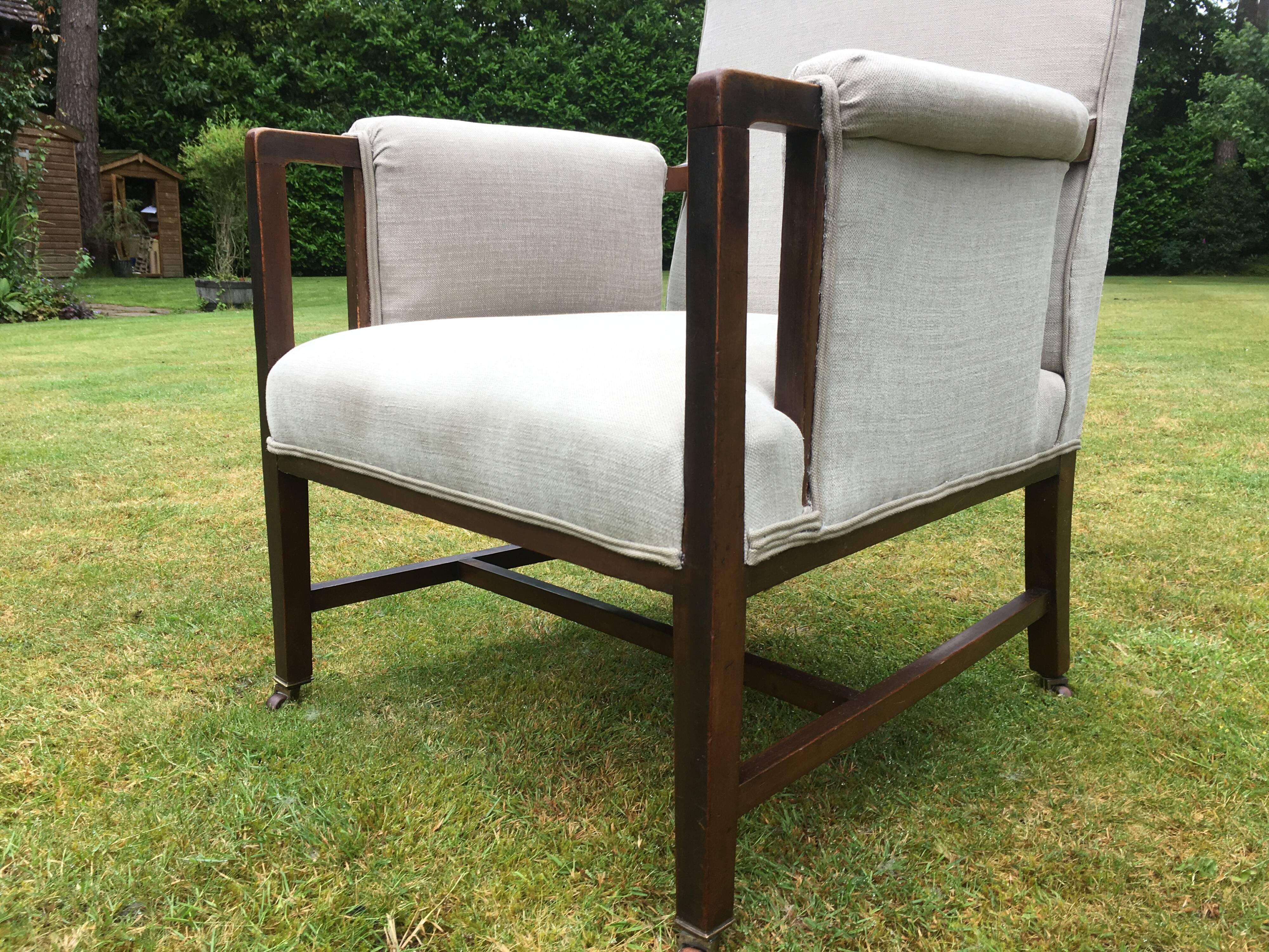 Vintage Antique Oak Reupholstered Armchair On Castors in Beige