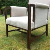 Vintage Antique Oak Reupholstered Armchair On Castors in Beige
