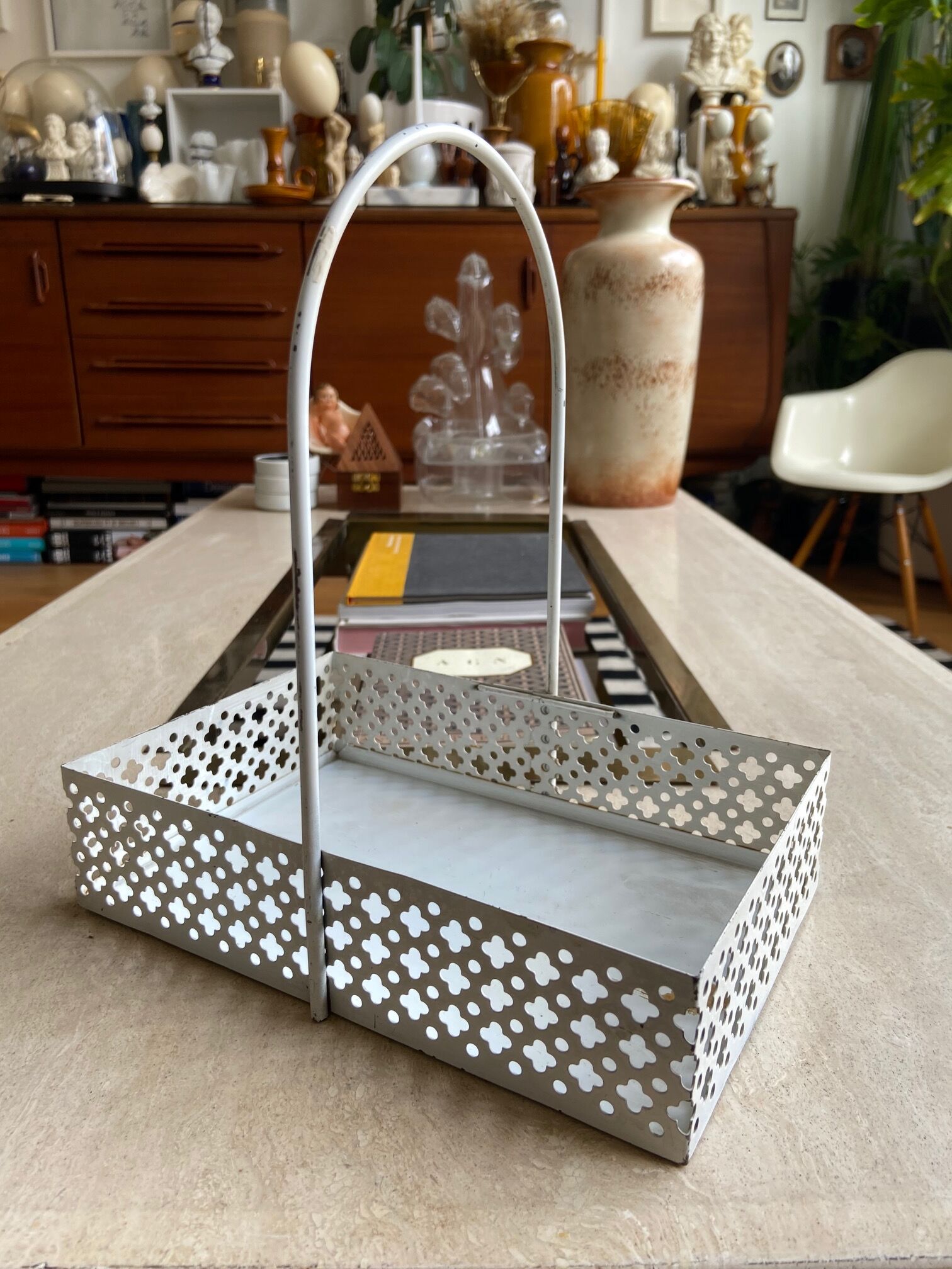 White perforated metal table basket